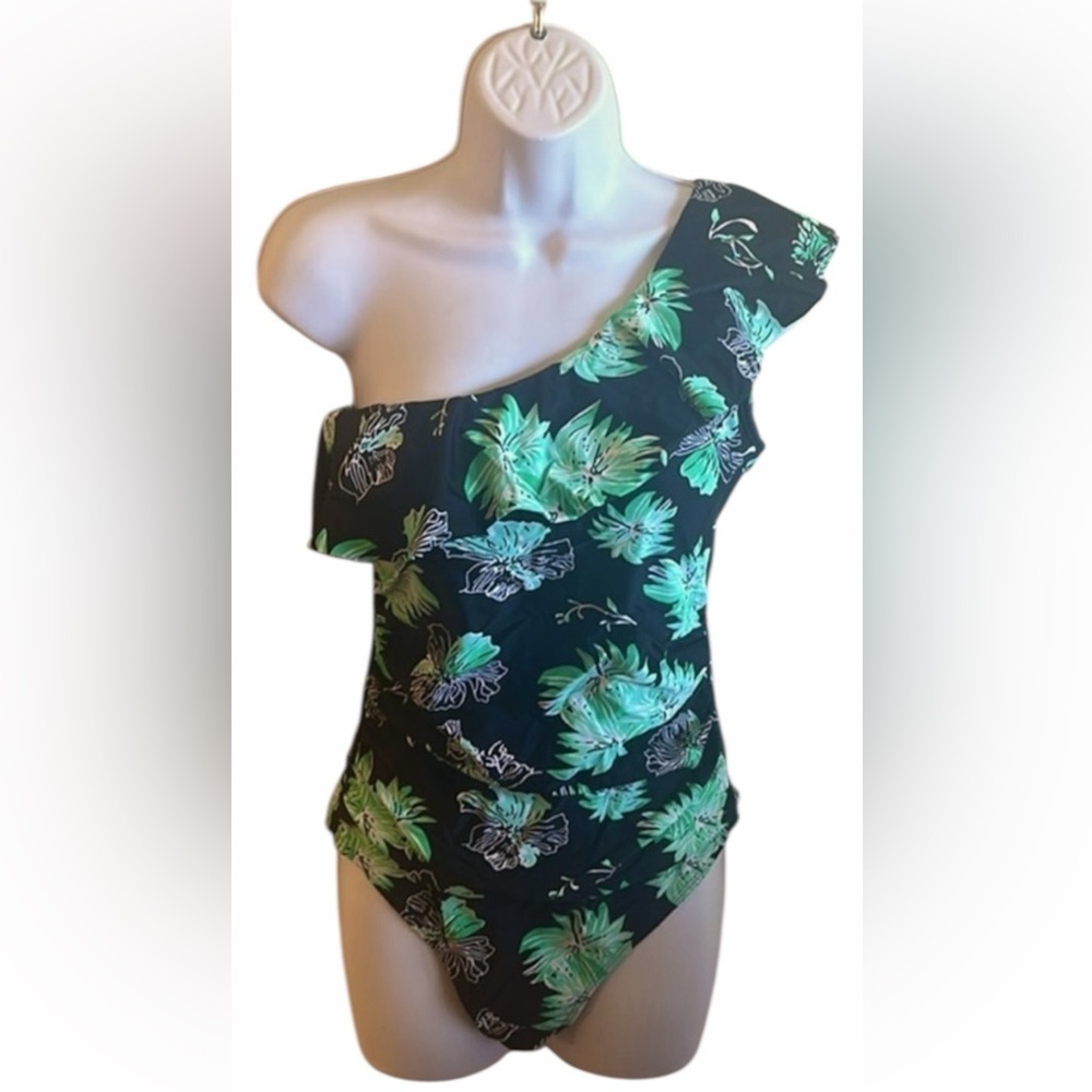 Hilor One Piece Asymmetric One Shoulder Bathing Suit Black/Green Womens Size 10 - Picture 4 of 15